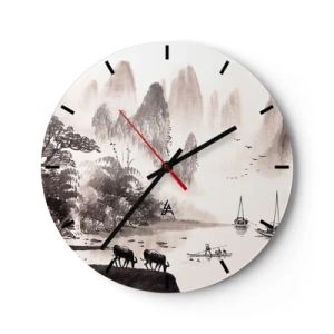 Wanduhr - Glasuhr - Eine malerische Landschaft mit Wasser, Bergen und Booten in Schwarzweiß. - 30x30cm - Der exotische Alltag des Ostens - Moderne Wanddekoration für Wohnzimmer, Küche und Schlafzimmer ARTTOR