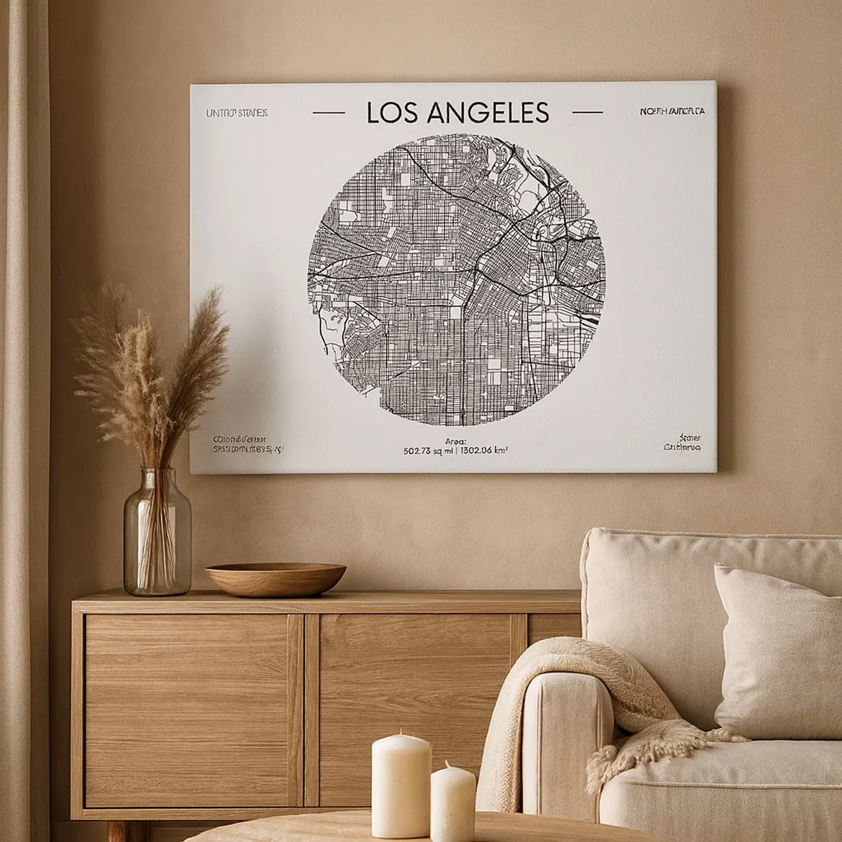 Bild auf Leinwand - Leinwandbild - Eine Karte von Los Angeles im minimalistischen Schwarz-Weiß-Stil - 70x50cm - Anatomie von Los Angeles - Moderne Wanddekoration für Wohnzimmer und Schlafzimmer ARTTOR
