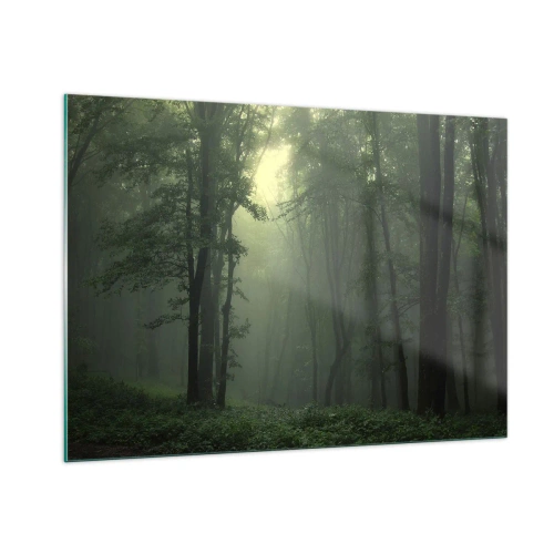 Glasbild - Bild auf glas - Ein dunkler Wald, in Nebel gehüllt, mit Lichtstrahlen - 100x70cm - Bevor er aufwacht - Moderne Wanddekoration für Wohnzimmer und Schlafzimmer ARTTOR