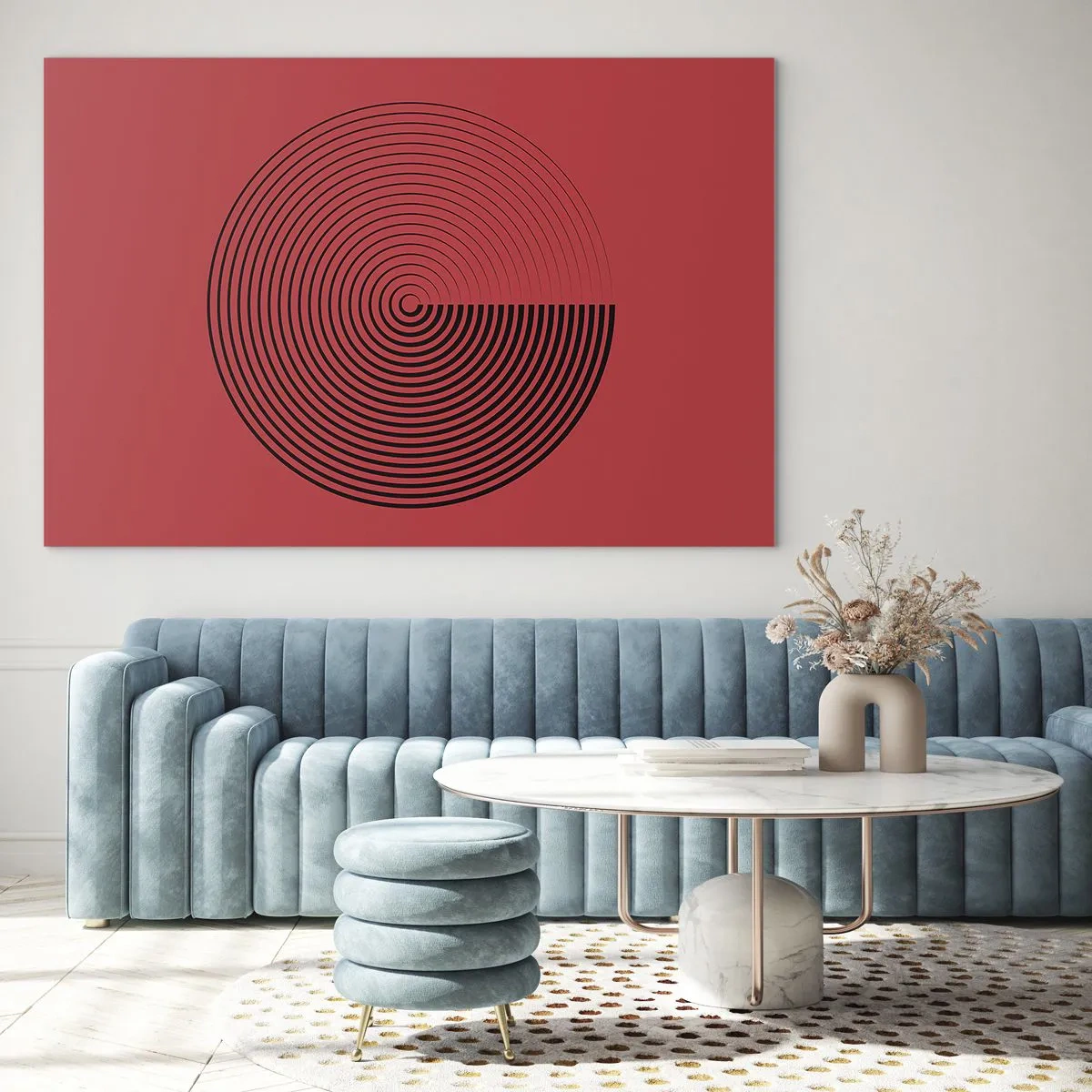 Glasbild - Bild auf glas - Schwarze konzentrische Kreise auf rotem Hintergrund - 70x50cm - Kreisbewegung - Moderne Wanddekoration für Wohnzimmer und Schlafzimmer ARTTOR