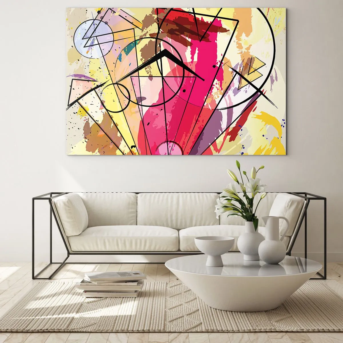 Glasbild - Bild auf glas - Bunte Abstraktion mit geometrischen Mustern und Linien - 120x80cm - Explosion - Moderne Wanddekoration für Wohnzimmer und Schlafzimmer ARTTOR