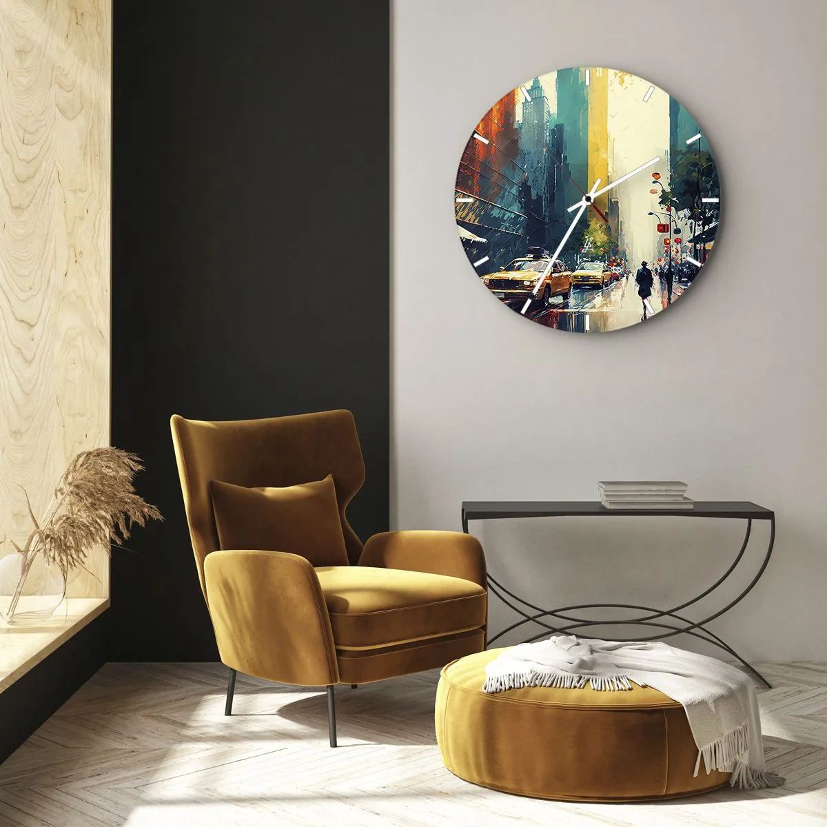 Wanduhr - Glasuhr - Eine farbenfrohe New Yorker Straße mit Taxis und Fußgängern im Regen - 30x30cm - New York – selbst der Regen ist hier bunt - Moderne Wanddekoration für Wohnzimmer, Küche und Schlafzimmer ARTTOR