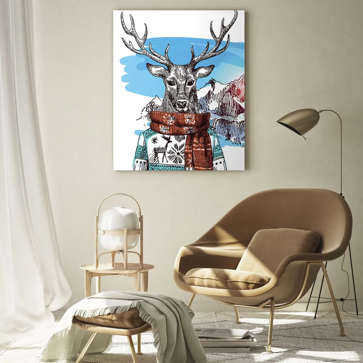 Glasbild - Bild auf glas - Ein Hirsch im Winterpullover vor einer Berglandschaft - 70x100cm - Auch ein Reh friert nicht - Moderne Wanddekoration für Wohnzimmer und Schlafzimmer ARTTOR