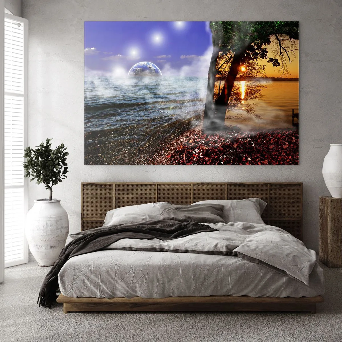 Glasbild - Bild auf glas - Eine Fantasielandschaft mit Meer und einem Planeten - 100x70cm - Surreale Landschaft - Einheit der Natur - Moderne Wanddekoration für Wohnzimmer und Schlafzimmer ARTTOR
