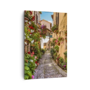 Bild auf Leinwand - Leinwandbild - Eine bezaubernde Straße voller Blumen und Blumentöpfe - 70x100cm - Italienische Gasse - Moderne Wanddekoration für Wohnzimmer und Schlafzimmer ARTTOR