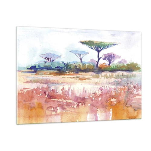 Glasbild - Bild auf glas - Aquarell Savannenlandschaft mit Bäumen und Vegetation - 120x80cm - Savannah-Farben - Moderne Wanddekoration für Wohnzimmer und Schlafzimmer ARTTOR