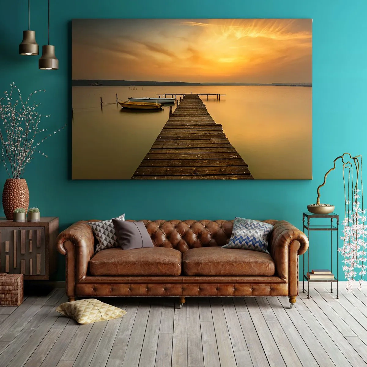 Bild auf Leinwand - Leinwandbild - Holzsteg und Boote auf dem See bei Sonnenuntergang - 120x80cm - Ich werde dir den goldenen Himmel öffnen - Moderne Wanddekoration für Wohnzimmer und Schlafzimmer ARTTOR