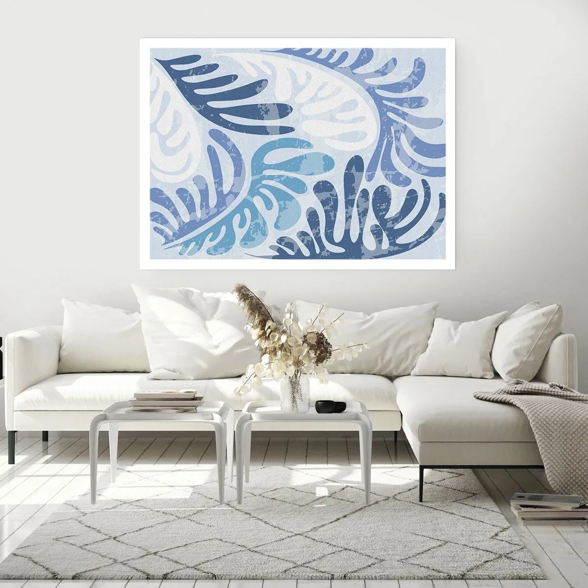 Poster - Abstrakte Formen in Blautönen auf weißem Hintergrund - 100x70cm - Blaue Farne - Moderne Wanddekoration für Wohnzimmer und Schlafzimmer ARTTOR