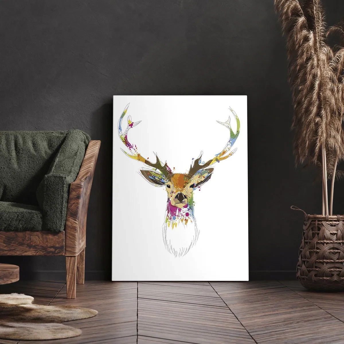 Bild auf Leinwand - Leinwandbild - Bunter Hirschkopf im künstlerischen Stil - 50x70cm - Ein mildes Reh in Farbe getaucht - Moderne Wanddekoration für Wohnzimmer und Schlafzimmer ARTTOR