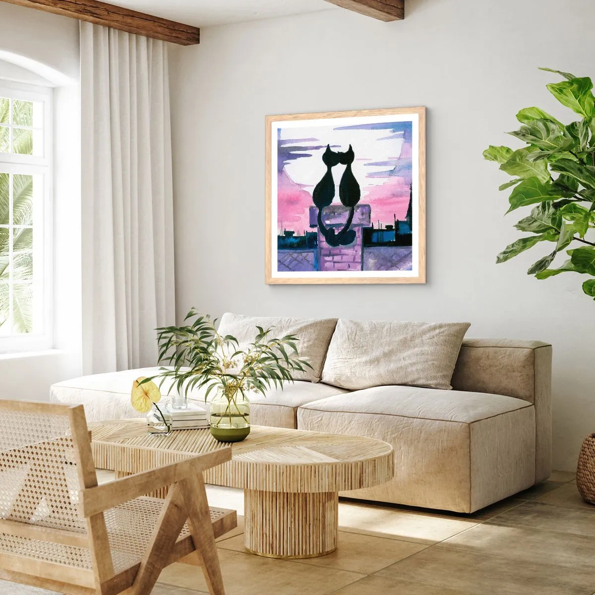 Poster in einem Rahmen aus heller Eiche - Rendez-vous unter dem Mond - 30x30 cm