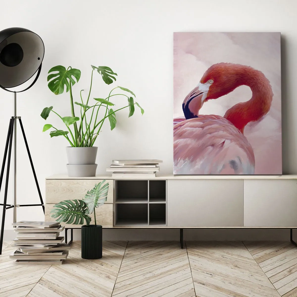 Bild auf Leinwand - Leinwandbild - Ein Flamingo in Rosatönen auf hellem Hintergrund - 50x70cm - Vogel Schönheit - Moderne Wanddekoration für Wohnzimmer und Schlafzimmer ARTTOR