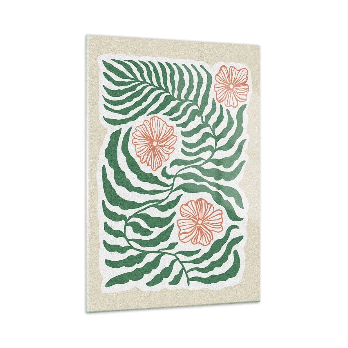 Glasbild - Bild auf glas - Grüne Blätter und rote Blüten in grafischer Anordnung - 50x70cm - Aufgeblüht in Grün - Moderne Wanddekoration für Wohnzimmer und Schlafzimmer ARTTOR