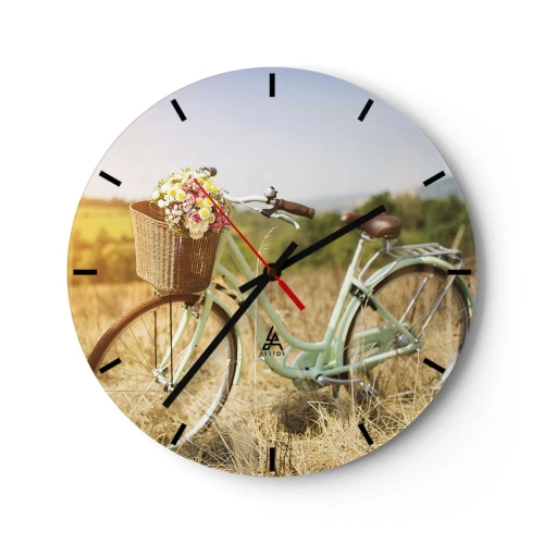 Wanduhr - Glasuhr - Ein Fahrrad mit einem Korb voller Blumen auf einem Feld an einem sonnigen Tag - 30x30cm - Ich bleibe eine Weile hier - Moderne Wanddekoration für Wohnzimmer, Küche und Schlafzimmer ARTTOR