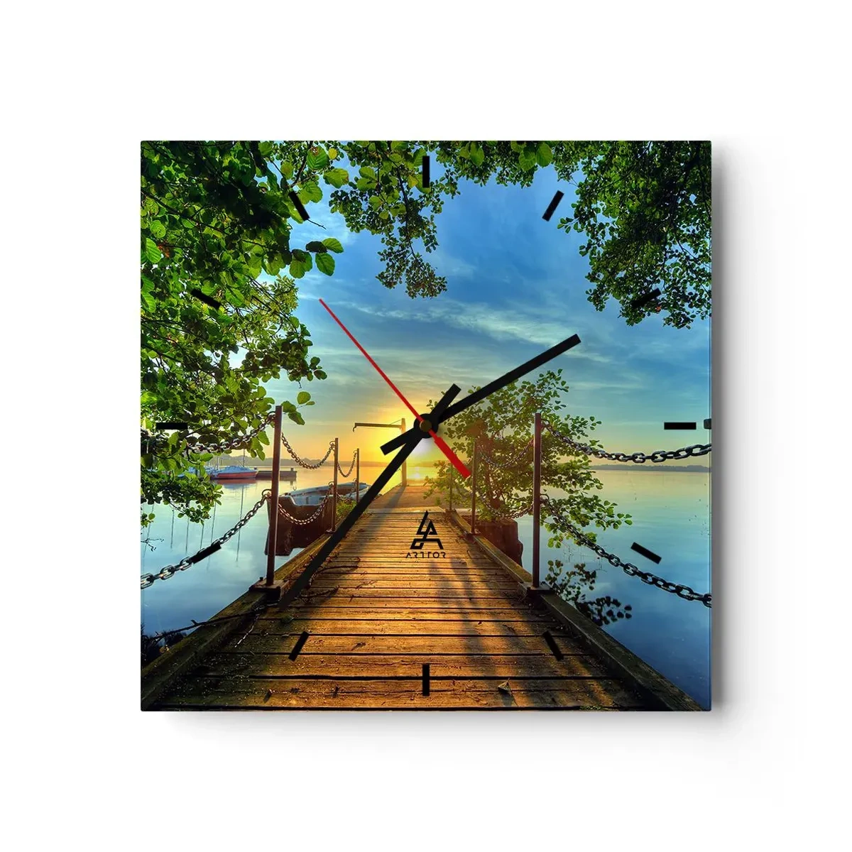Wanduhr - Glasuhr - Ein Pier über dem See in den Strahlen des Sonnenuntergangs - 30x30cm - Westen auf dem Wasser - Moderne Wanddekoration für Wohnzimmer und Schlafzimmer ARTTOR