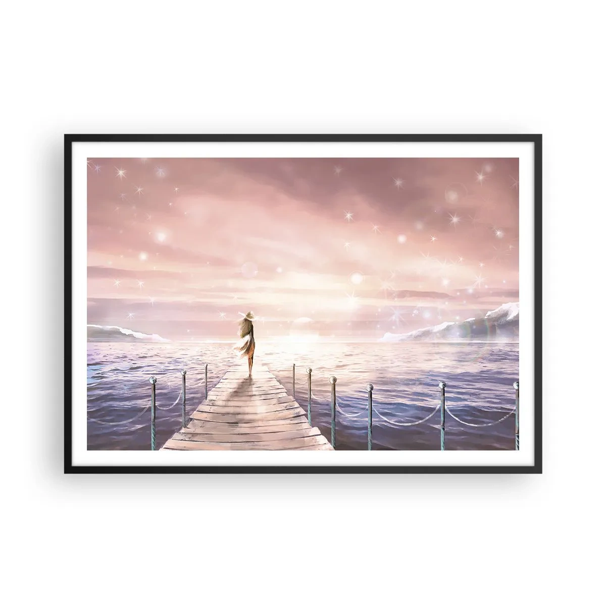 Poster in einem schwarzem Rahmen - Eine Frau auf einem Steg in einer magischen Sonnenuntergangskulisse - 100x70cm - Im Licht eines Traums - Moderne Wanddekoration für Wohnzimmer und Schlafzimmer ARTTOR