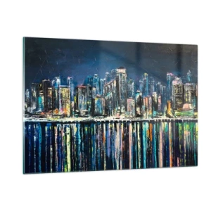 Glasbild - Bild auf glas - Panorama der Stadt bei Nacht mit den im Wasser reflektierten Lichtern - 120x80cm - Kaskade von Lichtern - Moderne Wanddekoration für Wohnzimmer und Schlafzimmer ARTTOR