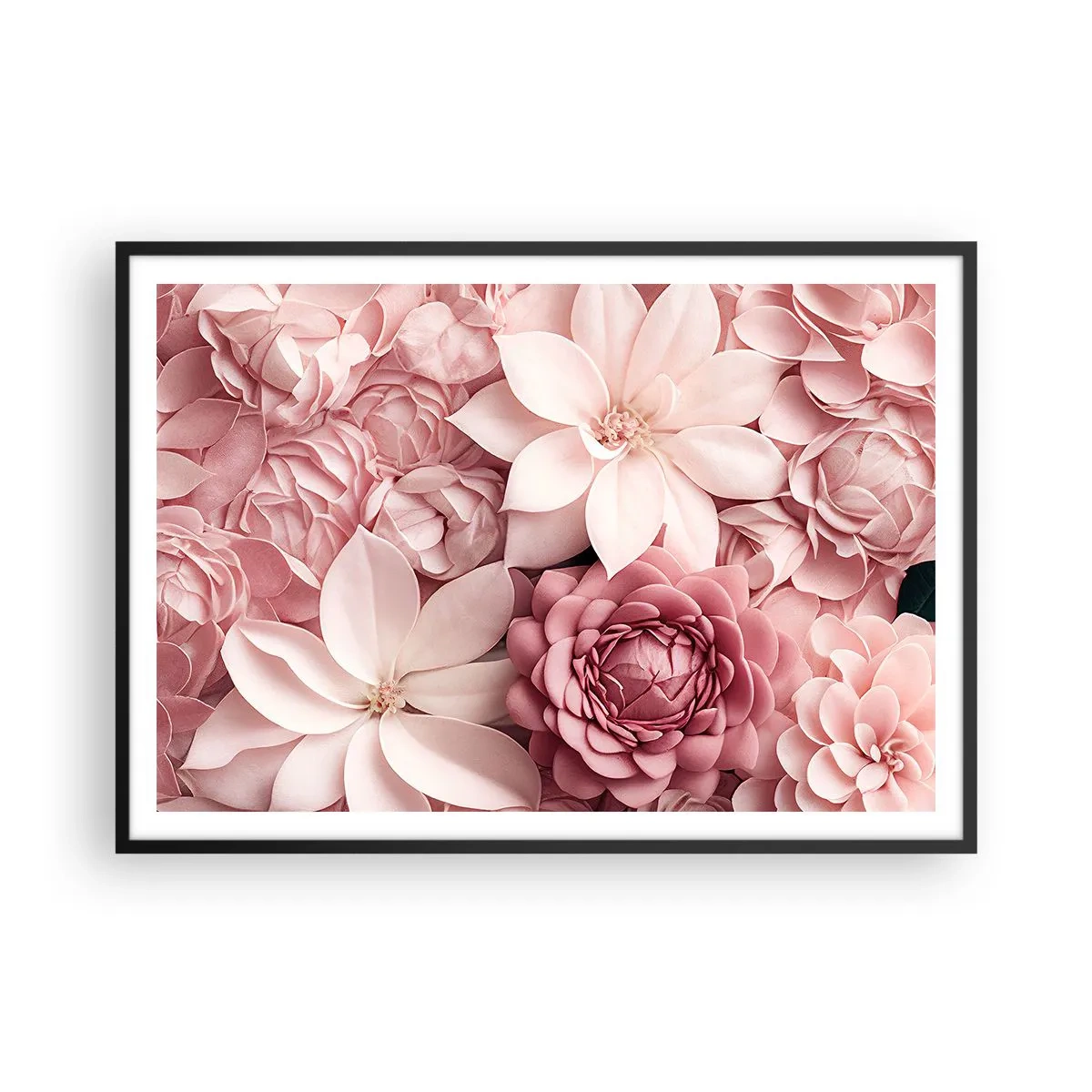 Poster in einem schwarzem Rahmen - Blumen in Rosa- und Weißtönen in künstlerischer Umsetzung - 100x70cm - In rosa Blütenblättern - Moderne Wanddekoration für Wohnzimmer und Schlafzimmer ARTTOR