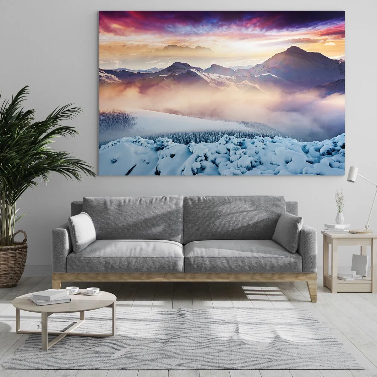 Glasbild - Bild auf glas - Winterliche Berglandschaft mit untergehender Sonne und Nebel - 70x50cm - Die Kraft und Reinheit der Natur - Moderne Wanddekoration für Wohnzimmer und Schlafzimmer ARTTOR