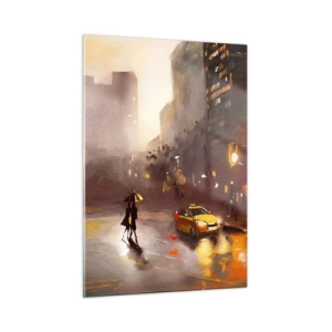 Glasbild - Bild auf glas - Stadt bei Nacht im Regen mit Taxis und der Silhouette eines Paares - 50x70cm - Im Licht von New York - Moderne Wanddekoration für Wohnzimmer und Schlafzimmer ARTTOR