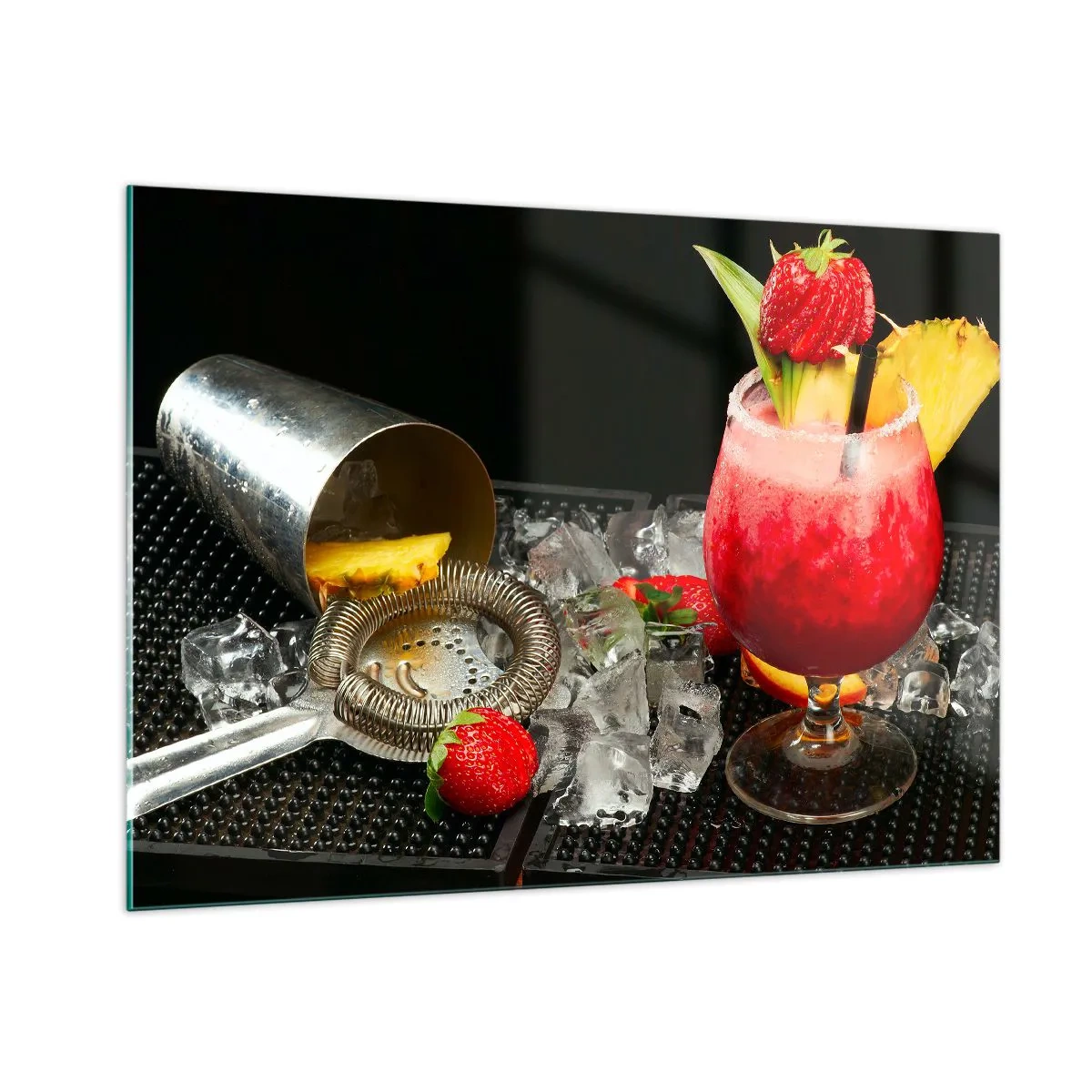 Glasbild - Bild auf glas - Ein farbenfroher Drink mit Früchten und einem Shaker auf Eis - 100x70cm - Zaubern Sie einen Geschmack - Moderne Wanddekoration für Wohnzimmer und Schlafzimmer ARTTOR
