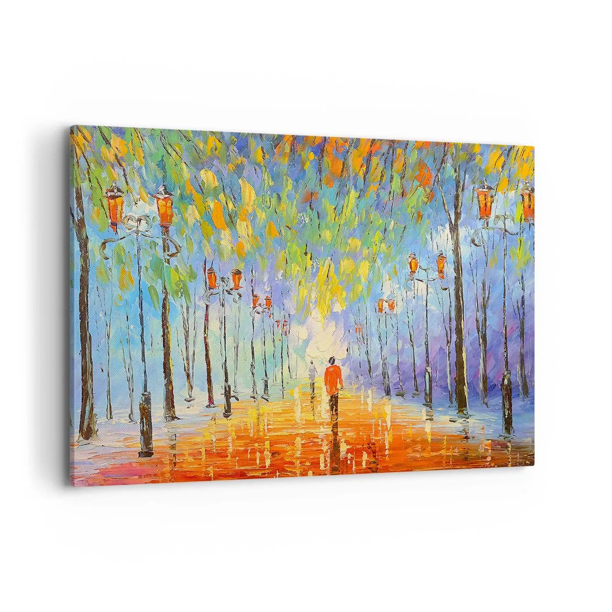 Bild auf Leinwand - Leinwandbild - Ein malerischer Spaziergang zwischen den Laternen in einer regnerischen Nacht - 100x70cm - Nachtlied des Regens - Moderne Wanddekoration für Wohnzimmer und Schlafzimmer ARTTOR