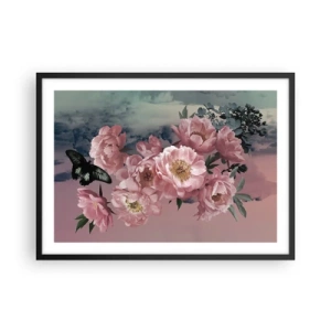 Poster in einem schwarzem Rahmen - Rosa Pfingstrosen mit einem Schmetterling auf pastellfarbenem Hintergrund - 70x50cm - Der Höhepunkt der Romantik - Moderne Wanddekoration für Wohnzimmer und Schlafzimmer ARTTOR
