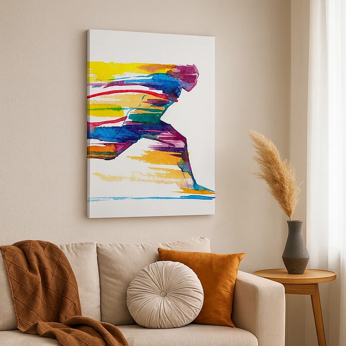 Bild auf Leinwand - Leinwandbild - Ein Läufer in abstrakten Farben symbolisiert Dynamik und Energie - 50x70cm - Über den Regenbogen laufen - Moderne Wanddekoration für Wohnzimmer und Schlafzimmer ARTTOR
