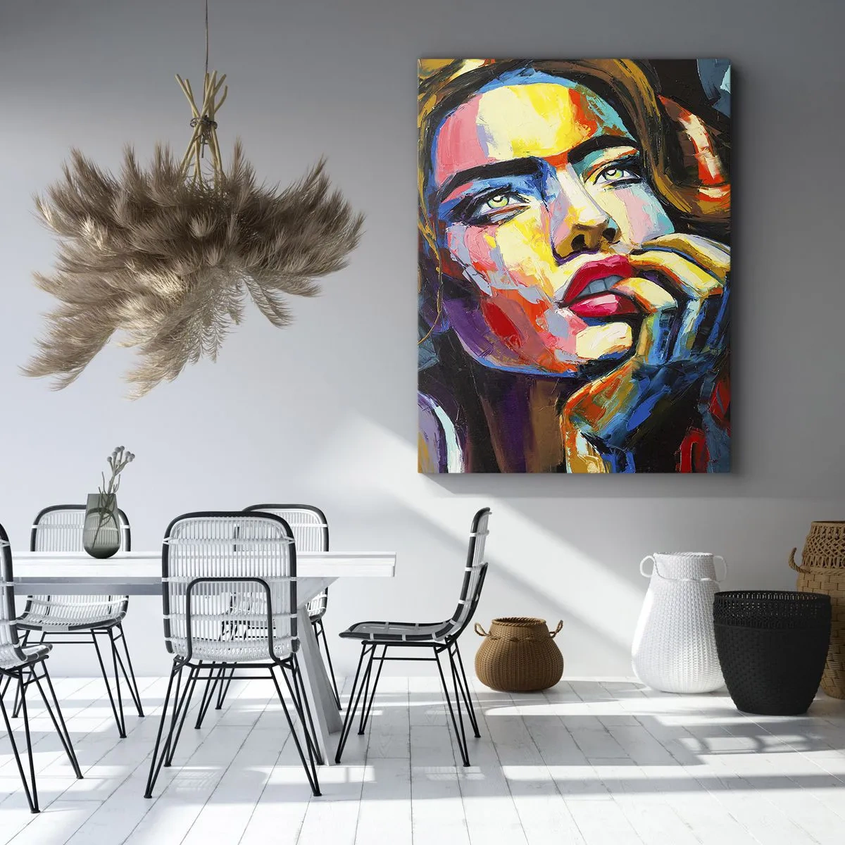 Bild auf Leinwand - Leinwandbild - Farbenfrohes Frauenporträt im expressionistischen Stil - 50x70cm - Träume fliegen am Himmel wie Vögel - Moderne Wanddekoration für Wohnzimmer und Schlafzimmer ARTTOR