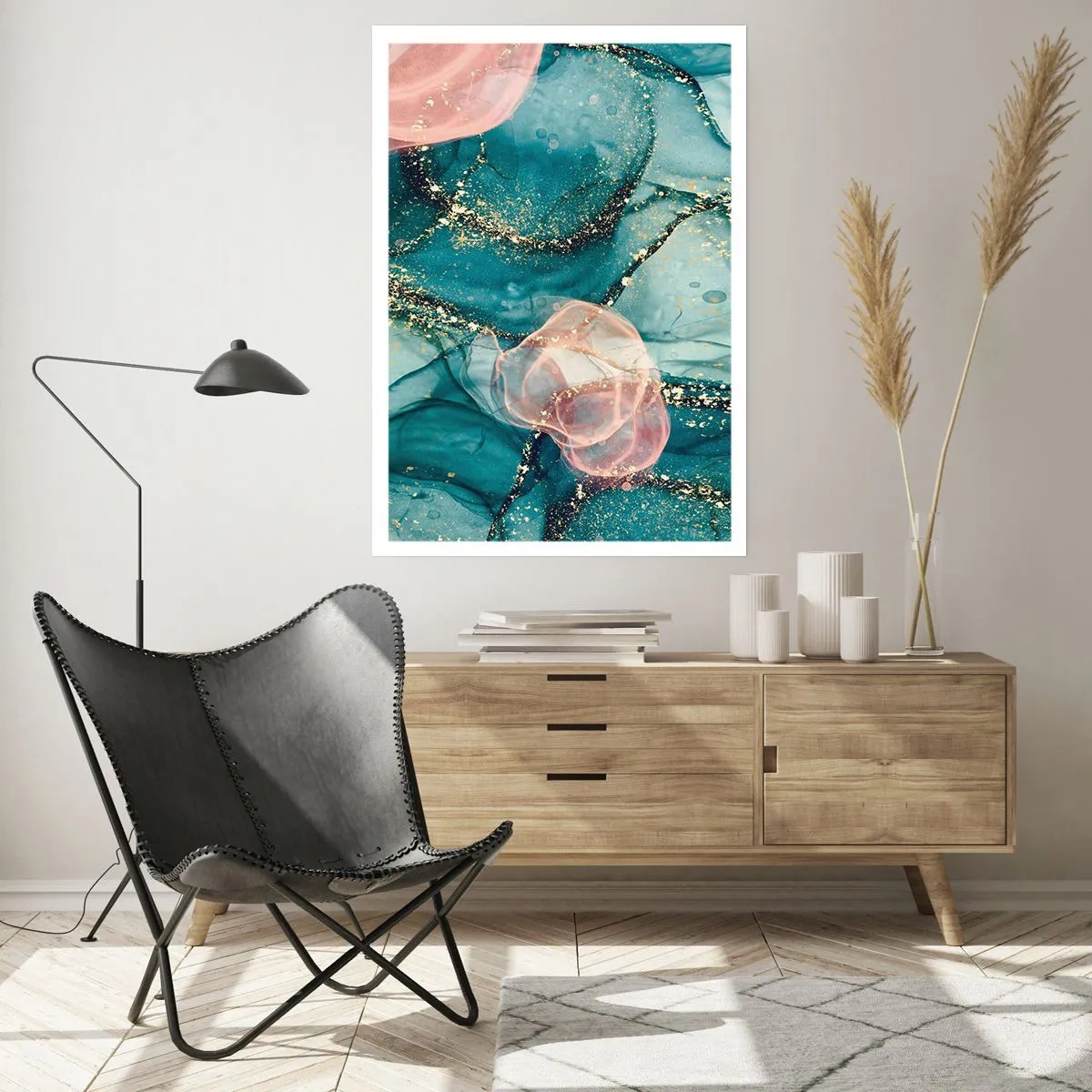 Poster - Eine abstrakte Komposition in Türkis- und Goldtönen. - 50x70cm - Seidenblau, Tüllrosa - Moderne Wanddekoration für Wohnzimmer und Schlafzimmer ARTTOR