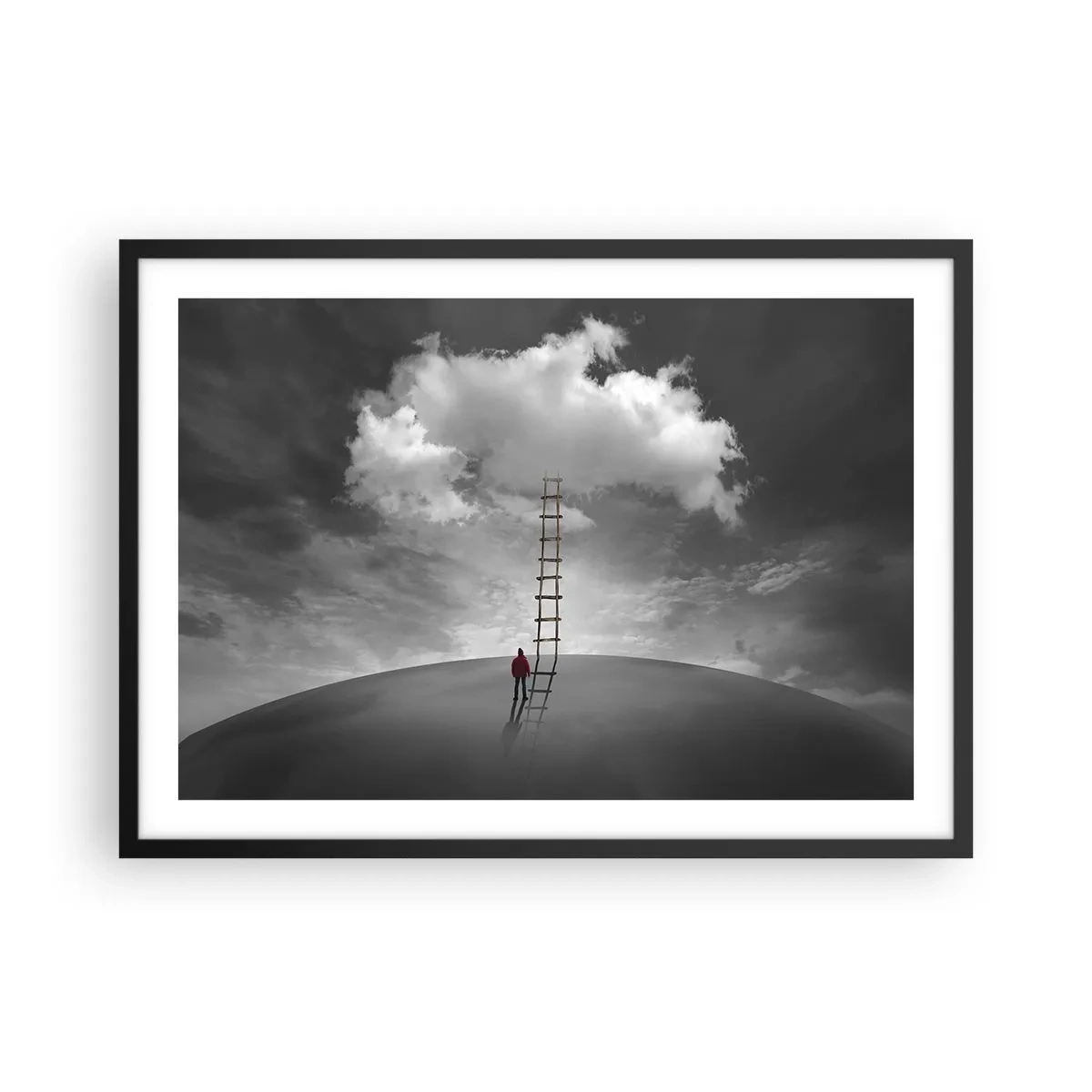 Poster in einem schwarzem Rahmen - Eine Person in einem roten Mantel und eine Leiter, die zu einer Wolke führt - 70x50cm - Alles ist möglich - Moderne Wanddekoration für Wohnzimmer und Schlafzimmer ARTTOR