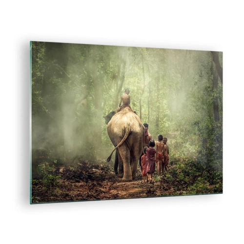 Glasbild - Bild auf glas - Ein Elefant im Wald mit Kindern in traditionellen Kostümen - 70x50cm - Neues Dschungelbuch - Moderne Wanddekoration für Wohnzimmer und Schlafzimmer ARTTOR
