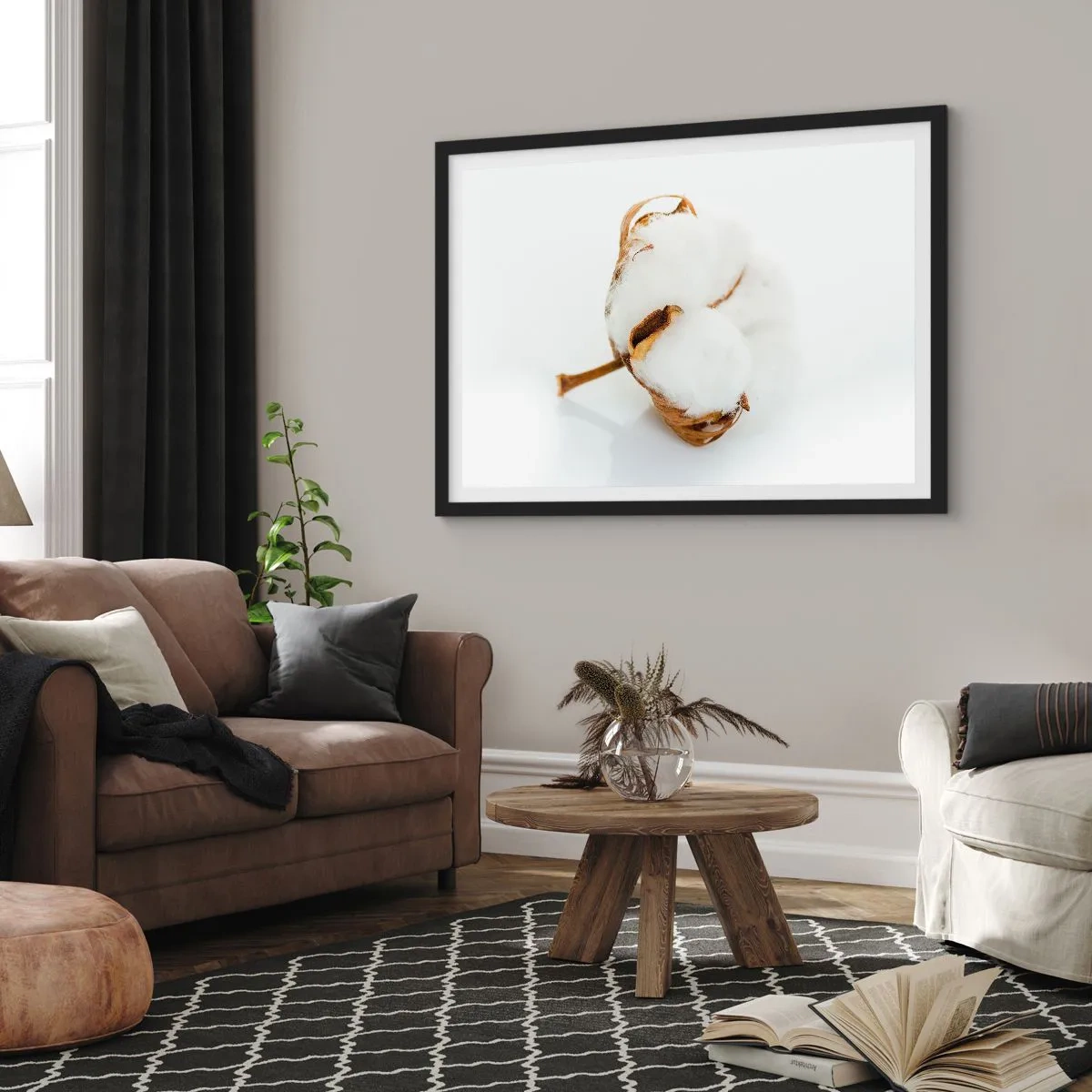 Poster in einem schwarzem Rahmen - Ein Baumwollzweig auf hellem Hintergrund in minimalistischem Ansatz - 70x50cm - Von Natur aus weich - Moderne Wanddekoration für Wohnzimmer und Schlafzimmer ARTTOR