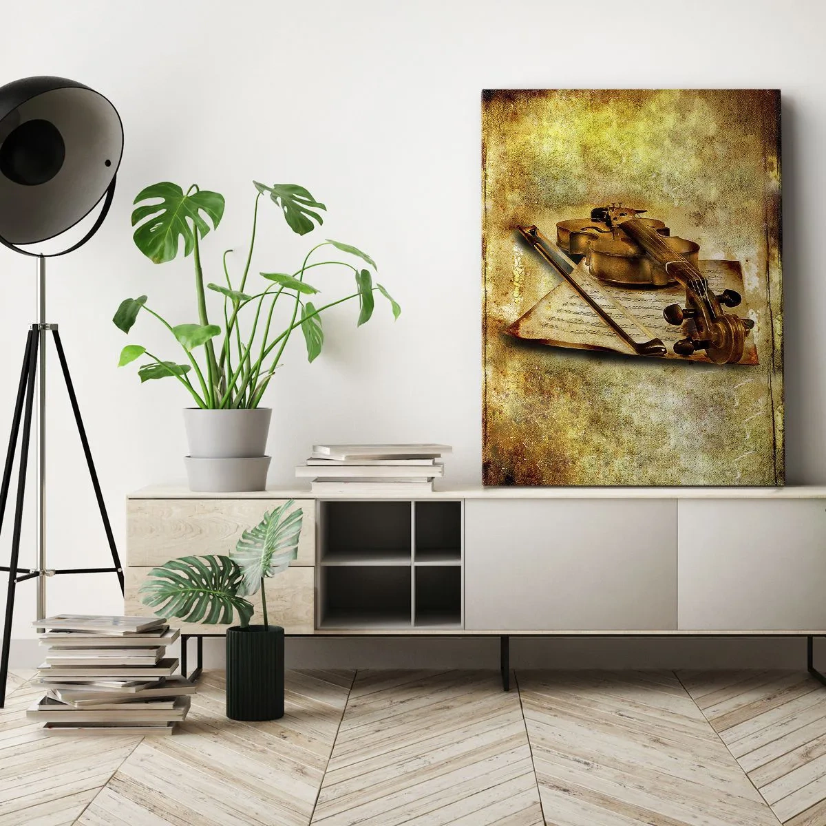 Bild auf Leinwand - Leinwandbild - Eine Geige mit Notenblättern vor einem Vintage-Hintergrund in warmen Tönen - 50x70cm - Ein Virtuose dringend benötigt - Moderne Wanddekoration für Wohnzimmer und Schlafzimmer ARTTOR
