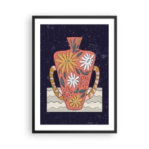 Poster in einem schwarzem Rahmen - Eine bunte Vase mit floralem Muster auf dunklem Hintergrund - 50x70cm - Bemalter Krug - Moderne Wanddekoration für Wohnzimmer und Schlafzimmer ARTTOR
