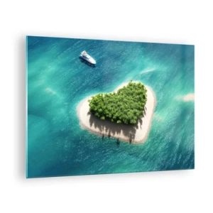 Glasbild - Bild auf glas - Illustration einer herzförmigen Insel mit einem Boot vor einem türkisfarbenen Meer - 70x50cm - ich liebe Sommer - Moderne Wanddekoration für Wohnzimmer und Schlafzimmer ARTTOR