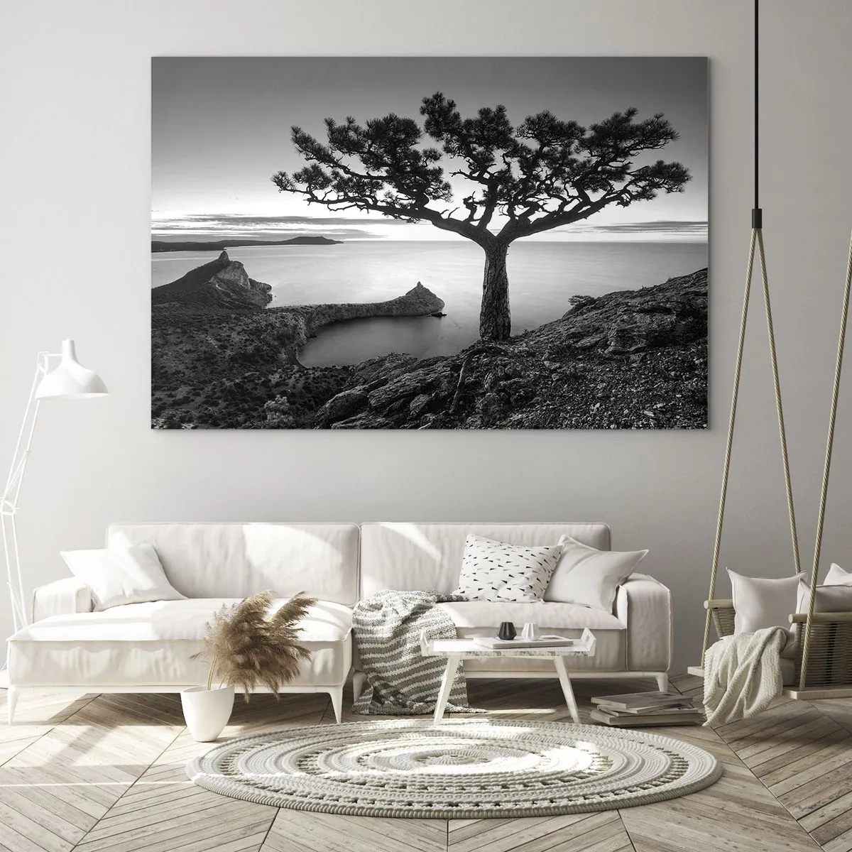 Glasbild - Bild auf glas - Ein Baum auf einer Klippe mit Blick auf die Bucht - 100x70cm - Stille bis zum Horizont - Moderne Wanddekoration für Wohnzimmer und Schlafzimmer ARTTOR