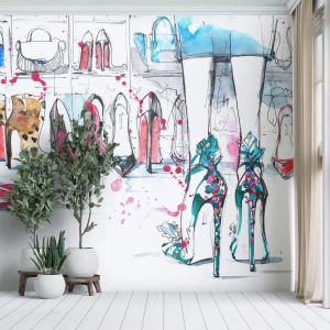 Fototapete Standard Eco - Künstlerische Darstellung von Schuhen und Frauenbeinen in einer Umkleidekabine - 100x70cm - Sesam, mach auf - Moderne Wanddekoration für Wohnzimmer und Schlafzimmer ARTTOR