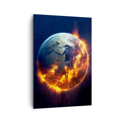 Bild auf Leinwand - Leinwandbild - Der Planet Erde brennt im Weltraum - 70x100cm - Die Flamme der Apokalypse - Moderne Wanddekoration für Wohnzimmer und Schlafzimmer ARTTOR
