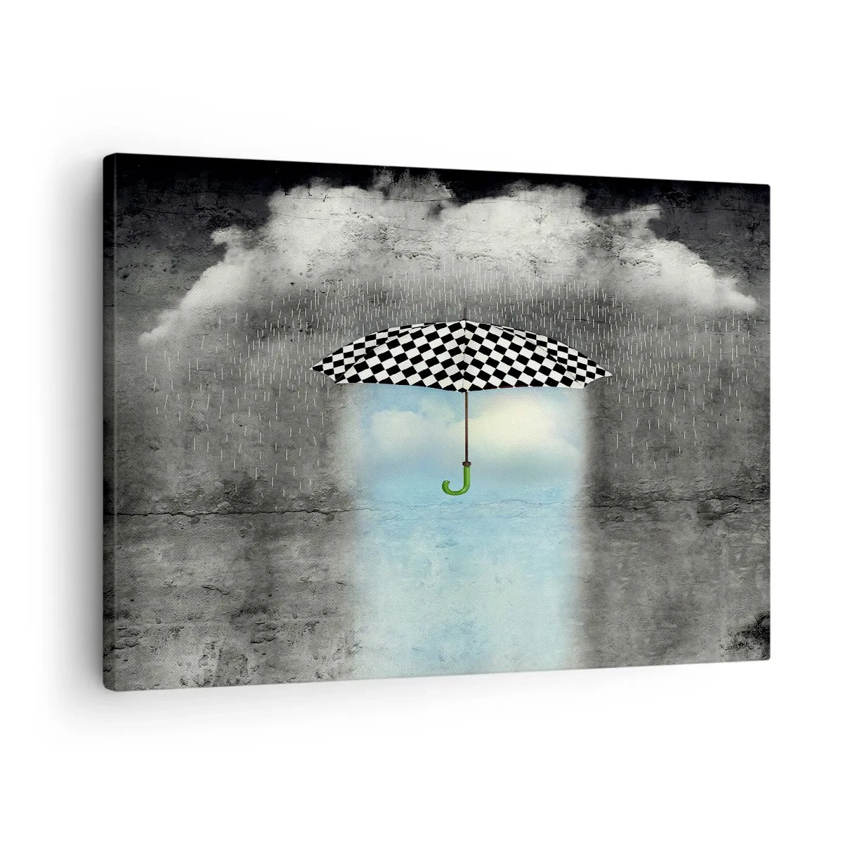 Bild auf Leinwand - Leinwandbild - Ein karierter Regenschirm über einer verregneten Landschaft - 70x50cm - Aber möglich - Moderne Wanddekoration für Wohnzimmer und Schlafzimmer ARTTOR