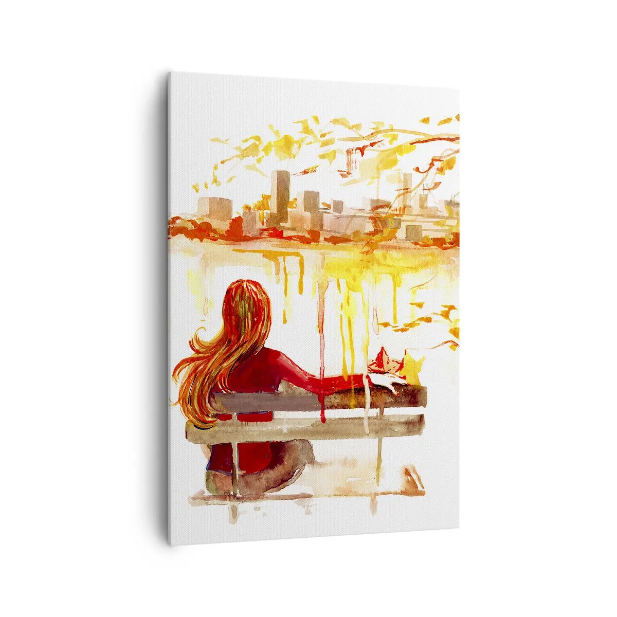 Bild auf Leinwand - Leinwandbild - Aquarellszene einer Frau auf einer Bank mit Blick auf die Stadt - 70x100cm - Ein Moment der Besinnung - Moderne Wanddekoration für Wohnzimmer und Schlafzimmer ARTTOR