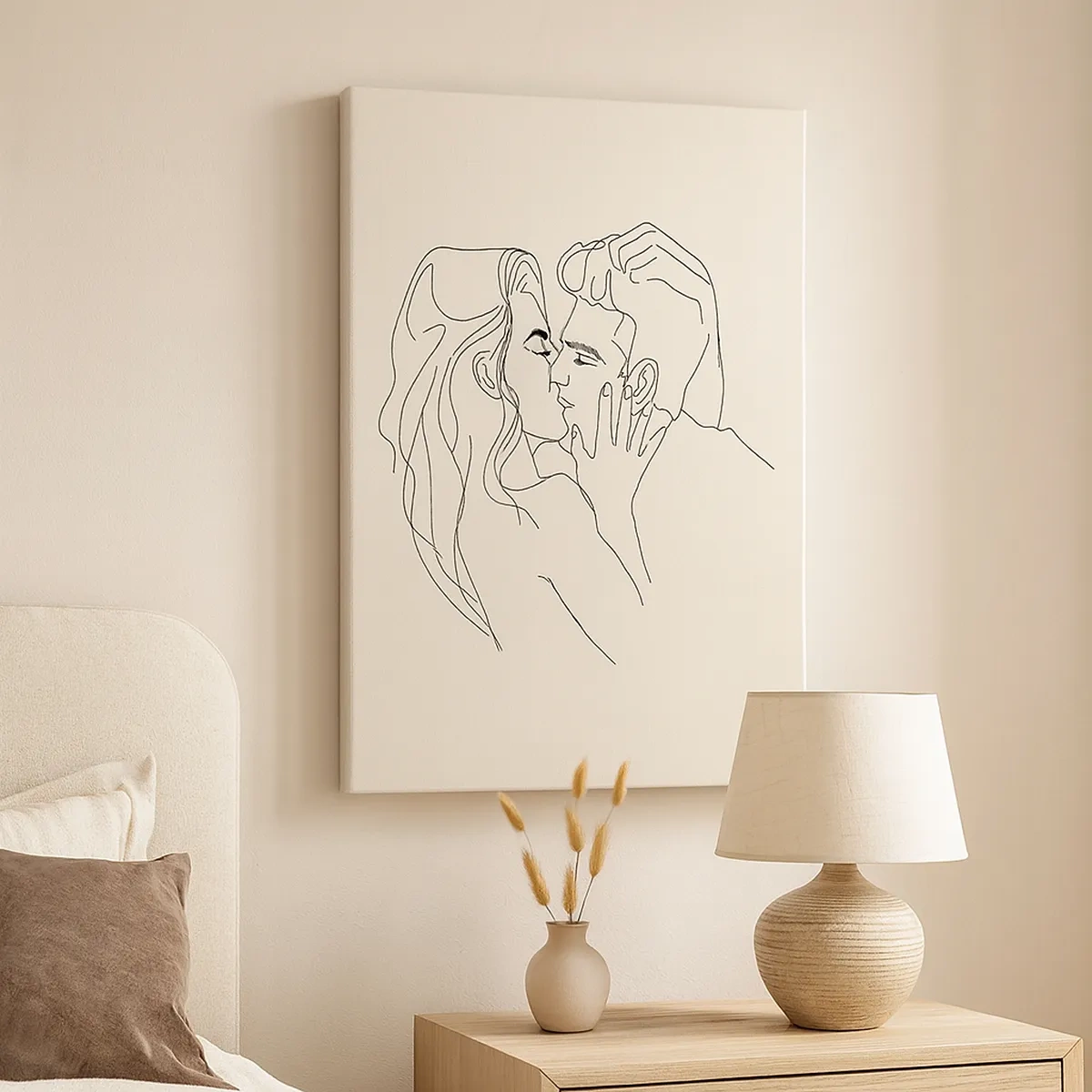 Bild auf Leinwand - Leinwandbild - Eine minimalistische Illustration eines Paares in einer liebevollen Umarmung - 50x70cm - Verstrickt im Gefühl - Moderne Wanddekoration für Wohnzimmer und Schlafzimmer ARTTOR