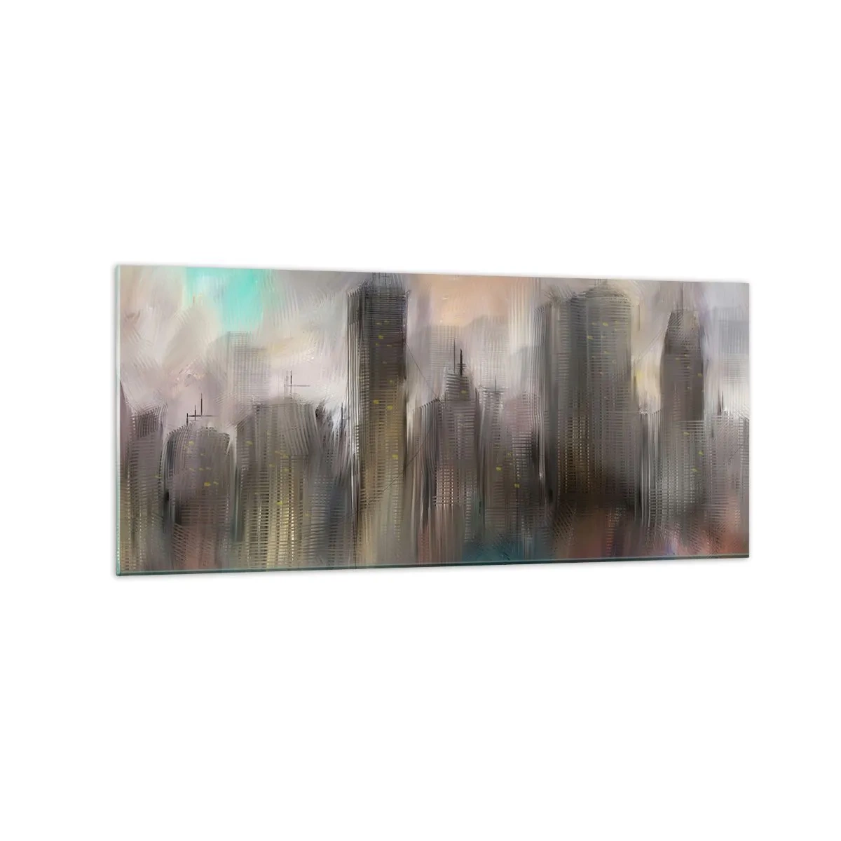 Glasbild - Bild auf glas - Eine künstlerische Vision einer Stadtlandschaft mit Wolkenkratzern in Pastellfarben. - 120x50cm - Eine Komposition aus Stahl, Stein und Nebel - Moderne Wanddekoration für Wohnzimmer und Schlafzimmer ARTTOR