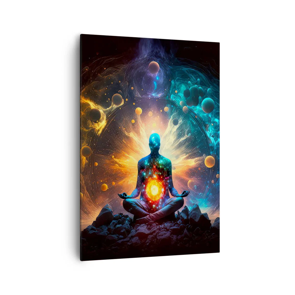 Bild auf Leinwand - Leinwandbild - Eine meditierende Figur, umgeben von einer kosmischen Aura - 70x100cm - Kosmischer Frieden - Moderne Wanddekoration für Wohnzimmer und Schlafzimmer ARTTOR