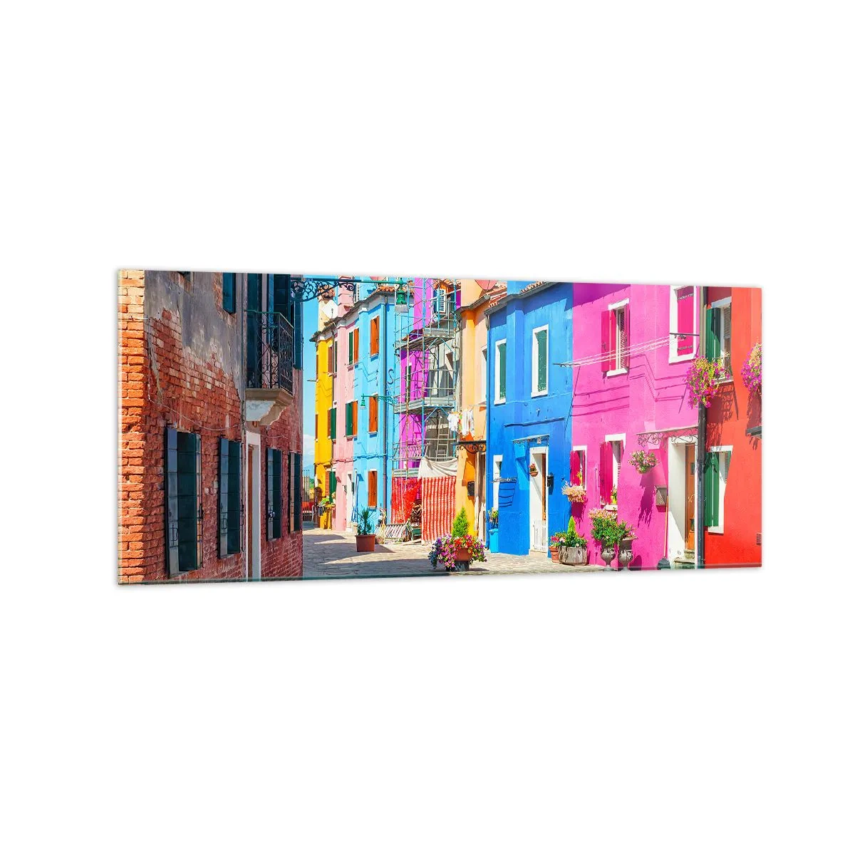 Glasbild - Bild auf glas - Bunte Gebäude in einer engen Stadtstraße - 120x50cm - Städtchen "Zu Papageien" - Moderne Wanddekoration für Wohnzimmer und Schlafzimmer ARTTOR