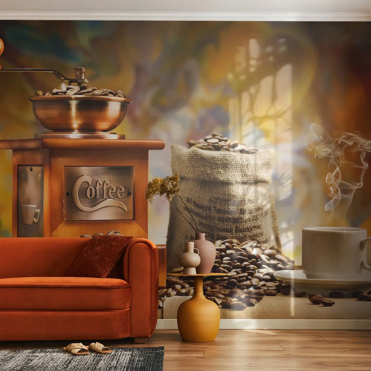 Selbstklebende Fototapete Deluxe Sticker - Das Knirschen der Körner, das Rasseln einer Mühle - Gastronomie, Kaffee, Kaffeemühle - 400x280 cm