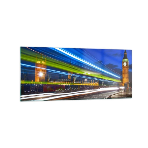 Glasbild - Bild auf glas - Big Ben bei Nacht mit der Wirkung von Lichtern im Straßenverkehr - 120x50cm - Unter den wachsamen Augen von Big Ben - Moderne Wanddekoration für Wohnzimmer und Schlafzimmer ARTTOR