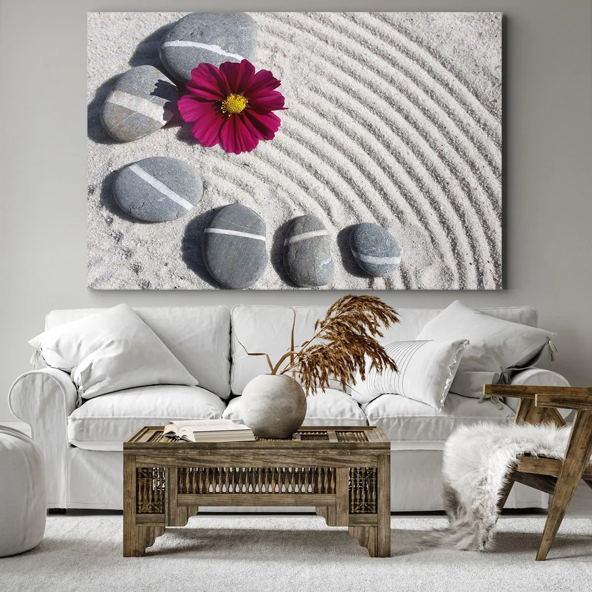 Bild auf Leinwand - Leinwandbild - Steine und eine rosa Blume auf dem Sand im Zen-Stil - 70x50cm - Energie und Ruhe des Zauberkreises der Natur - Moderne Wanddekoration für Wohnzimmer und Schlafzimmer ARTTOR