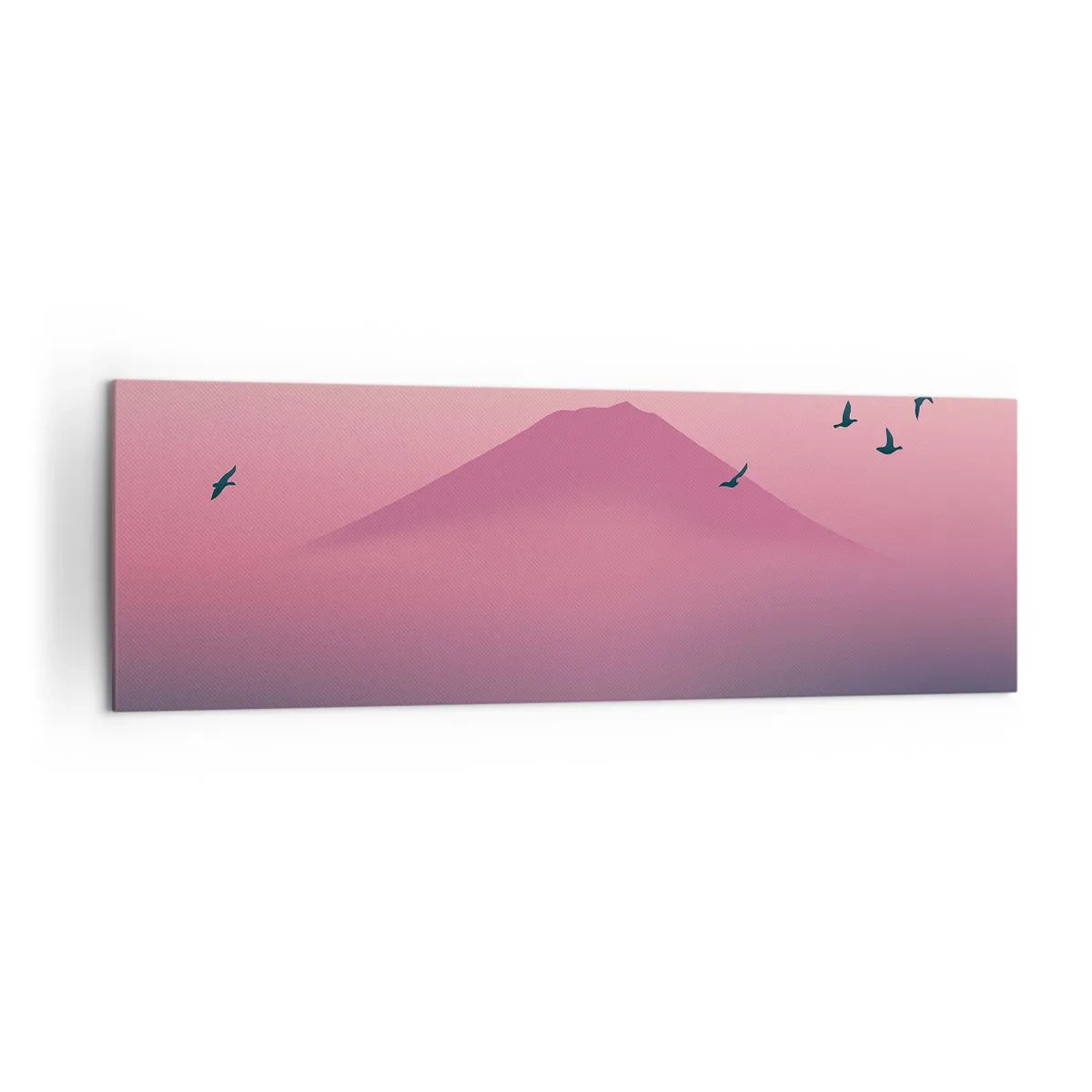 Bild auf Leinwand - Leinwandbild - Eine minimalistische Landschaft mit einem Berg und Vögeln bei Sonnenaufgang - 160x50cm - Wanderer über den Wolken - Moderne Wanddekoration für Wohnzimmer und Schlafzimmer ARTTOR