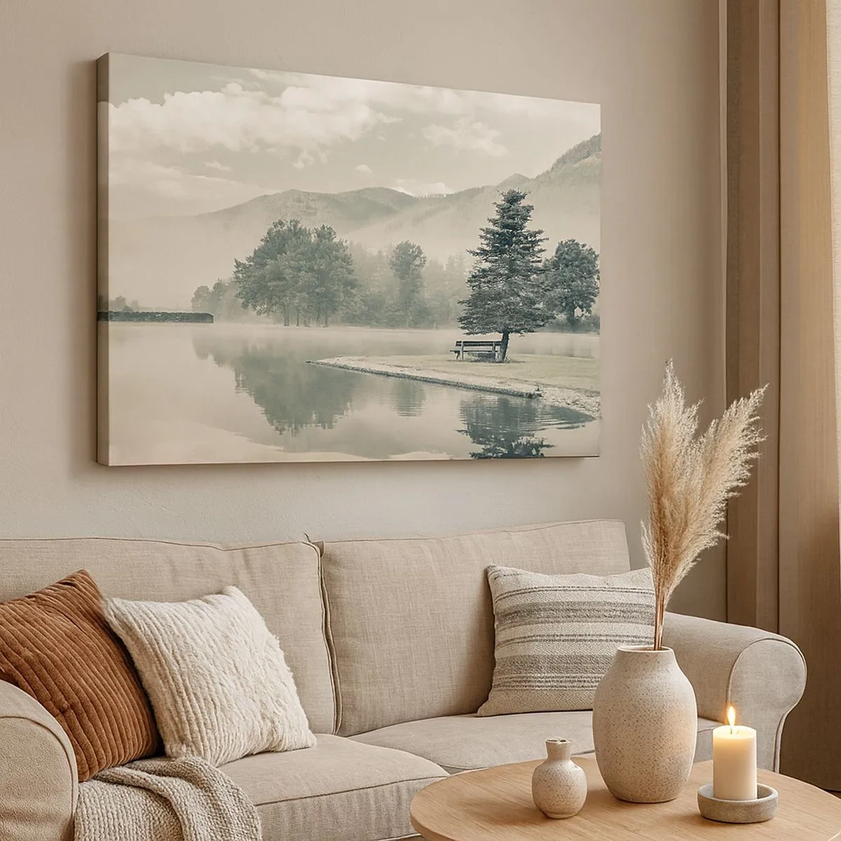 Bild auf Leinwand - Leinwandbild - Ein malerischer See mit einer Bank und Nebel im Hintergrund - 70x50cm - Der See schläft noch - Moderne Wanddekoration für Wohnzimmer und Schlafzimmer ARTTOR