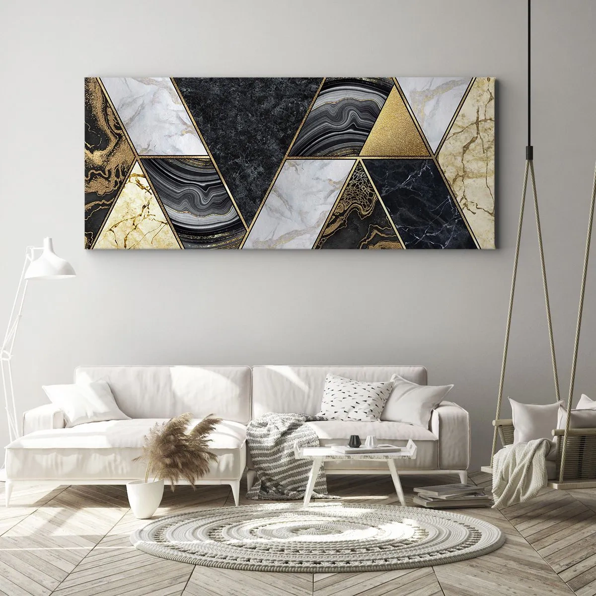 Bild auf Leinwand - Leinwandbild - Geometrische Dreiecke in Gold, Marmor und dunklen Farbtönen - 120x50cm - Stein um Stein - Moderne Wanddekoration für Wohnzimmer und Schlafzimmer ARTTOR